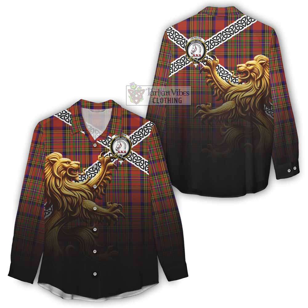 Tartan Vibes Clothing Hepburn Crest Tartan Women's Casual Shirt with Golden Lion Emblem Celtic Style