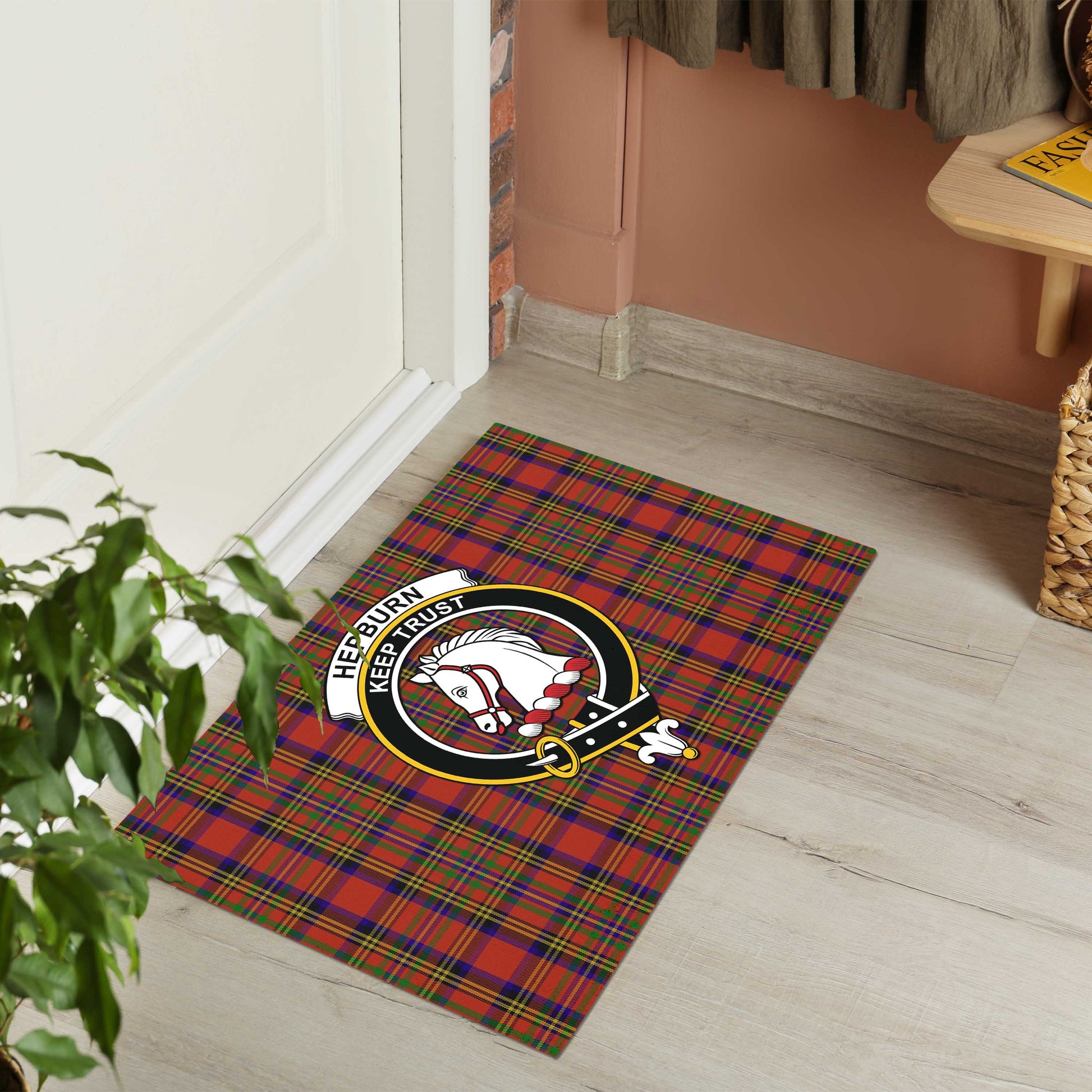 Hepburn Tartan Rubber Doormat with Family Crest - Tartan Vibes Clothing
