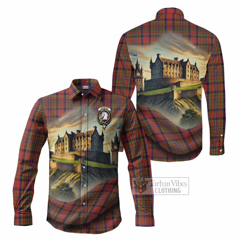Tartan Vibes Clothing Hepburn Tartan Family Crest Long Sleeve Button Shirt with Scottish Ancient Castle Style