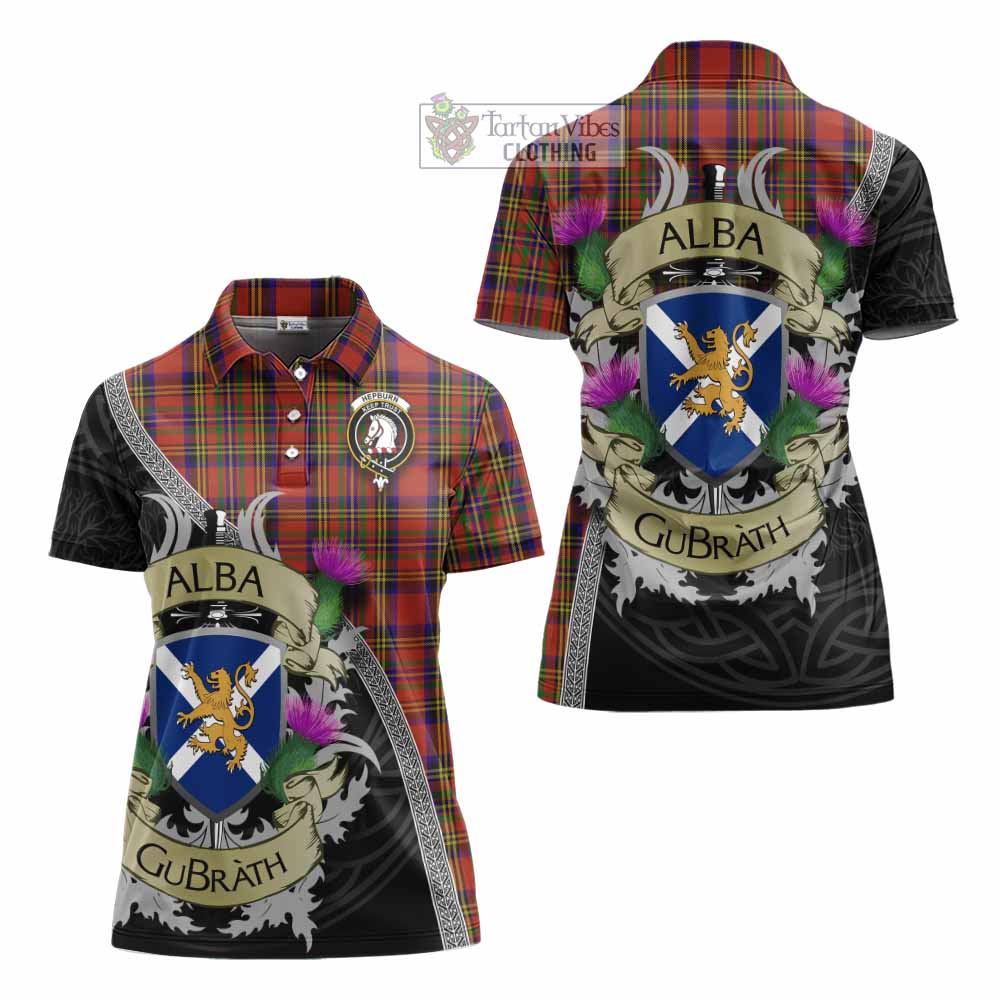Tartan Vibes Clothing Hepburn Tartan Family Crest Women's Polo Shirt Lion Rampant Royal Thistle Shield Celtic Inspired