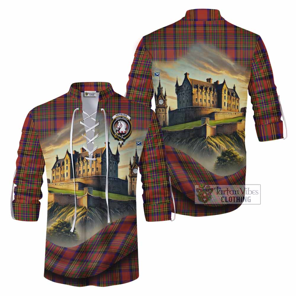 Tartan Vibes Clothing Hepburn Tartan Family Crest Ghillie Kilt Shirt with Scottish Ancient Castle Style