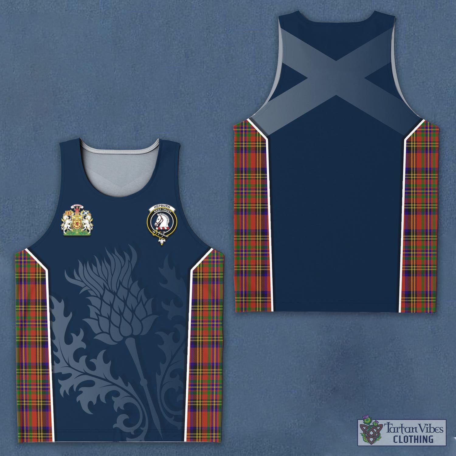 Tartan Vibes Clothing Hepburn Tartan Men's Tanks Top with Family Crest and Scottish Thistle Vibes Sport Style