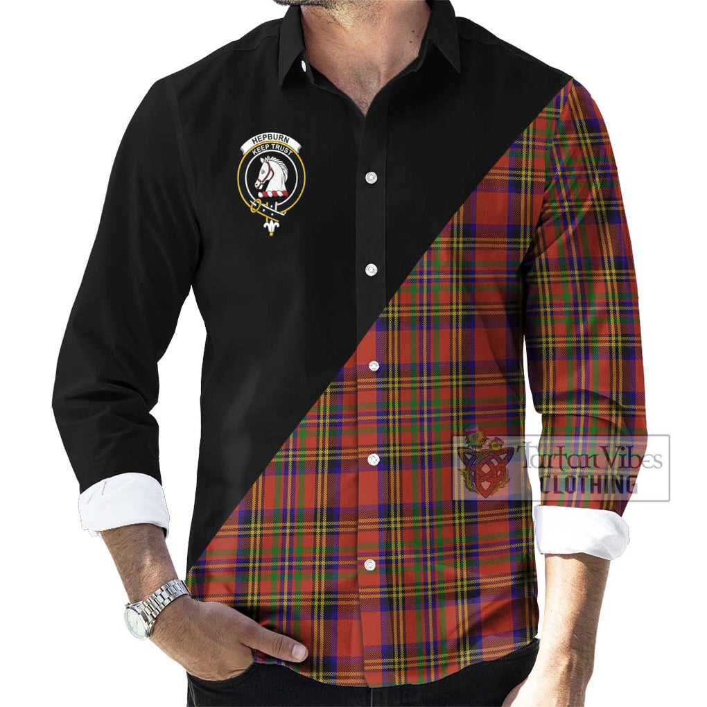 Hepburn Tartan Long Sleeve Button Shirt with Family Crest and Military Logo Style - Tartanvibesclothing Shop