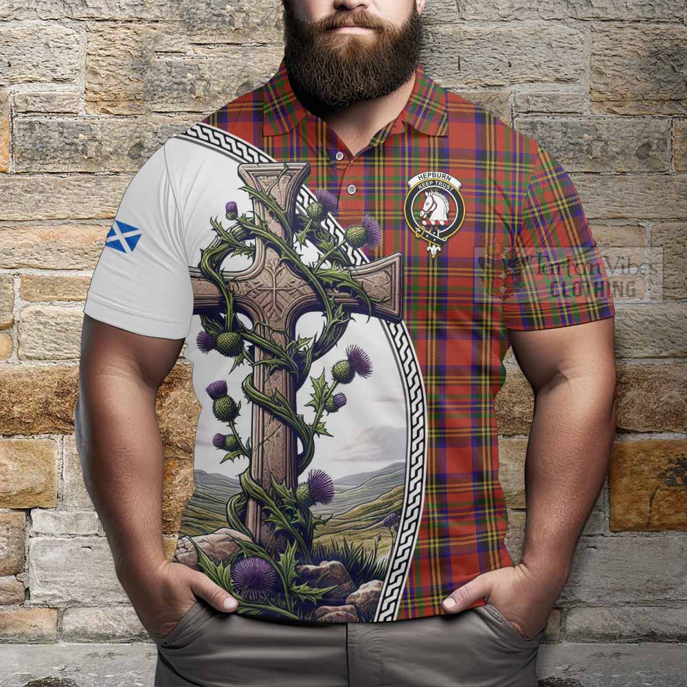 Tartan Vibes Clothing Hepburn Tartan Polo Shirt with Family Crest and St. Andrew's Cross Accented by Thistle Vines