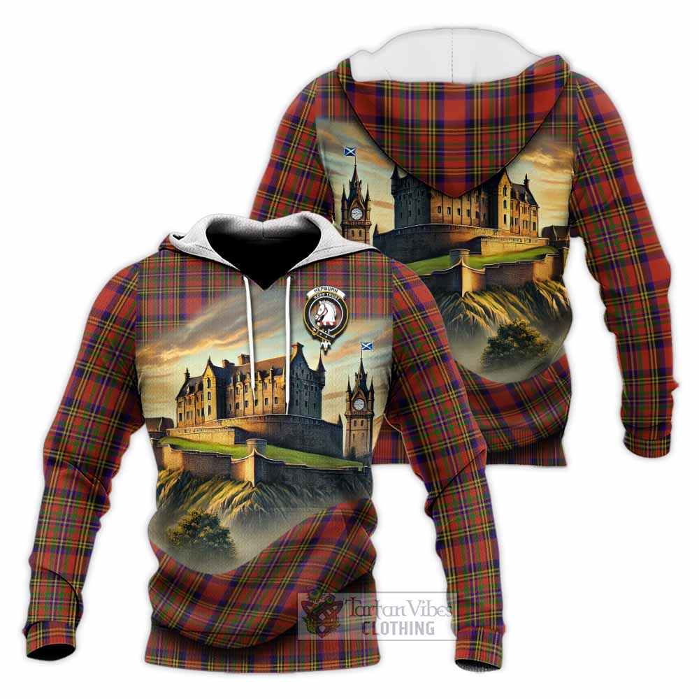 Tartan Vibes Clothing Hepburn Tartan Family Crest Knitted Hoodie with Scottish Ancient Castle Style