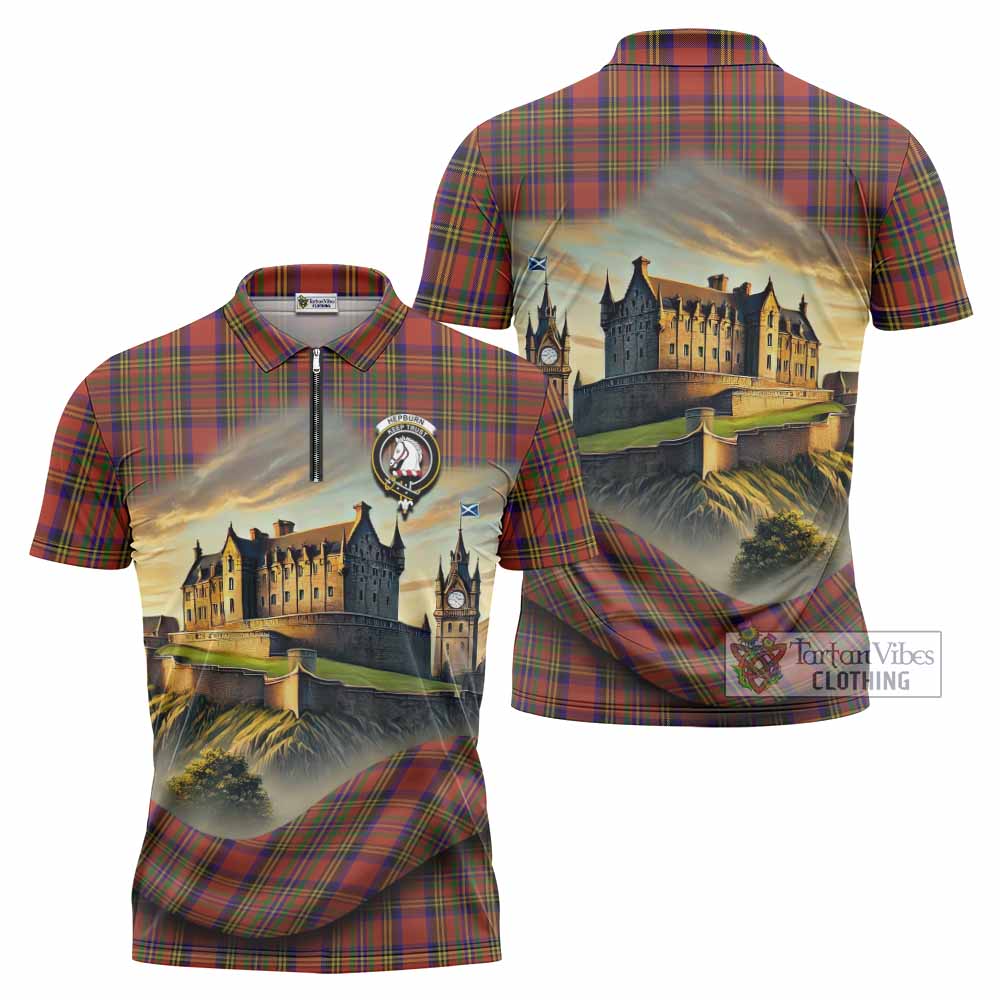 Tartan Vibes Clothing Hepburn Tartan Family Crest Zipper Polo Shirt with Scottish Ancient Castle Stype