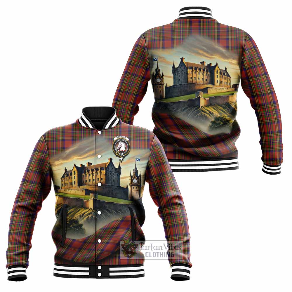 Tartan Vibes Clothing Hepburn Tartan Family Crest Baseball Jacket with Scottish Ancient Castle Style