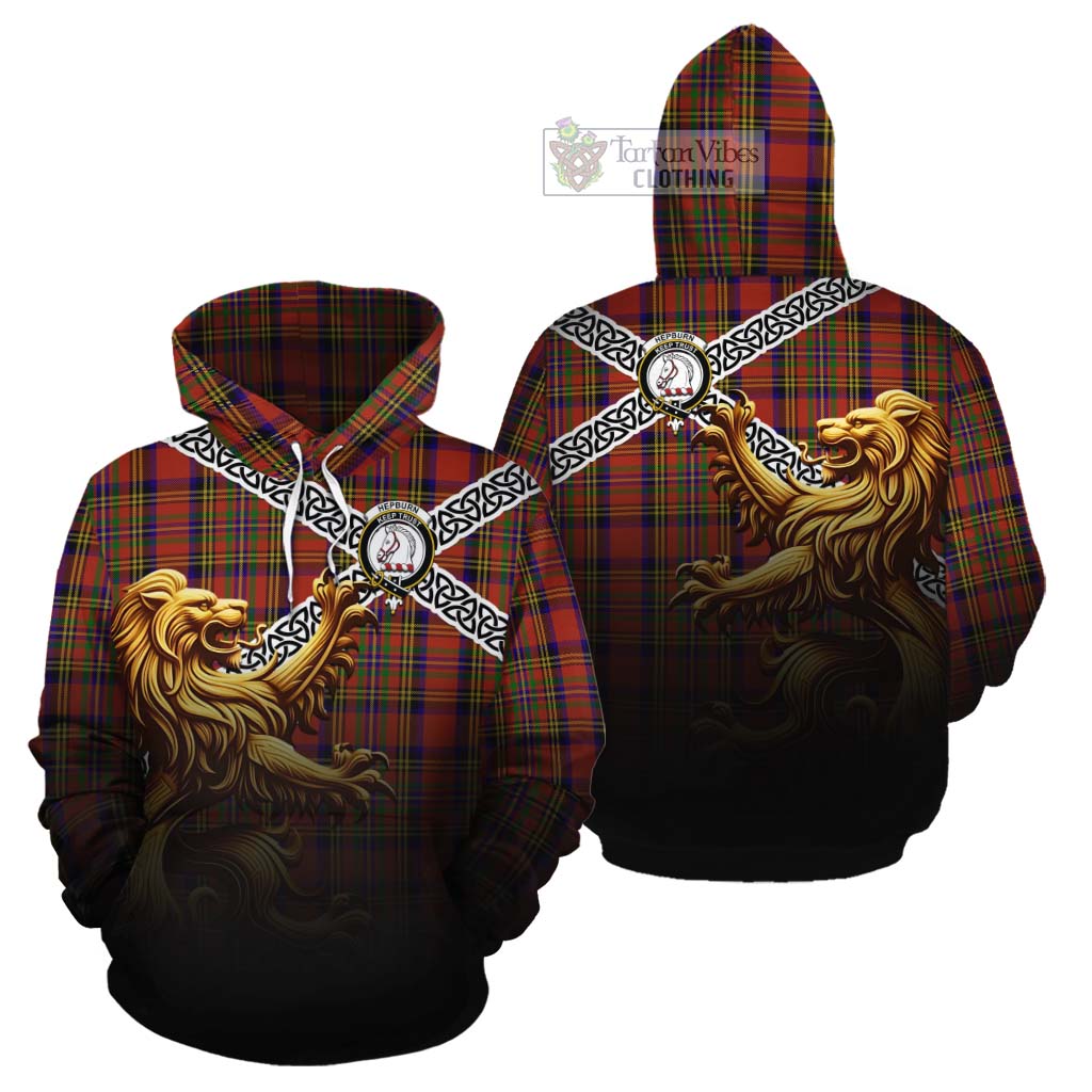 Tartan Vibes Clothing Hepburn Crest Tartan Cotton Hoodie with Golden Lion Emblem Celtic Style