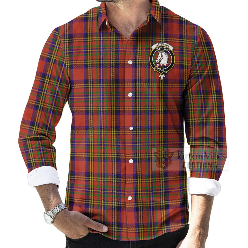 Tartan Vibes Clothing Hepburn Tartan Long Sleeve Button Shirt with Family Crest and Bearded Skull Holding Bottles of Whiskey