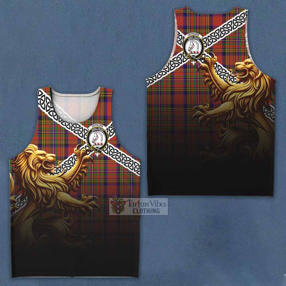 Tartan Vibes Clothing Hepburn Crest Tartan Men's Tank Top with Golden Lion Emblem Celtic Style