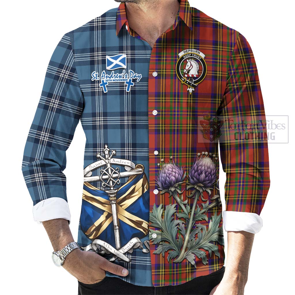 Tartan Vibes Clothing Hepburn Tartan Long Sleeve Button Shirt Happy St. Andrew's Day Half Tartan Style