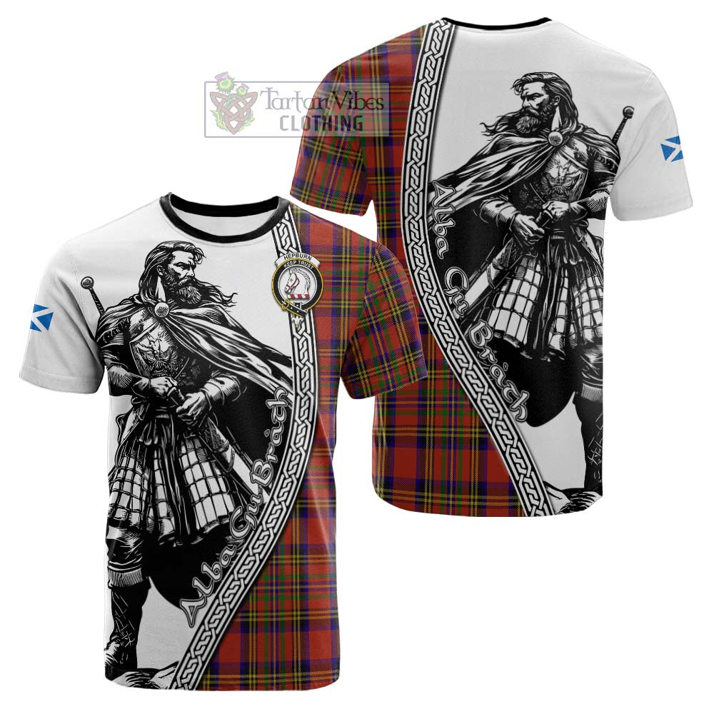 Hepburn Tartan Clan Crest Cotton T-shirt with Highlander Warrior Celtic Style