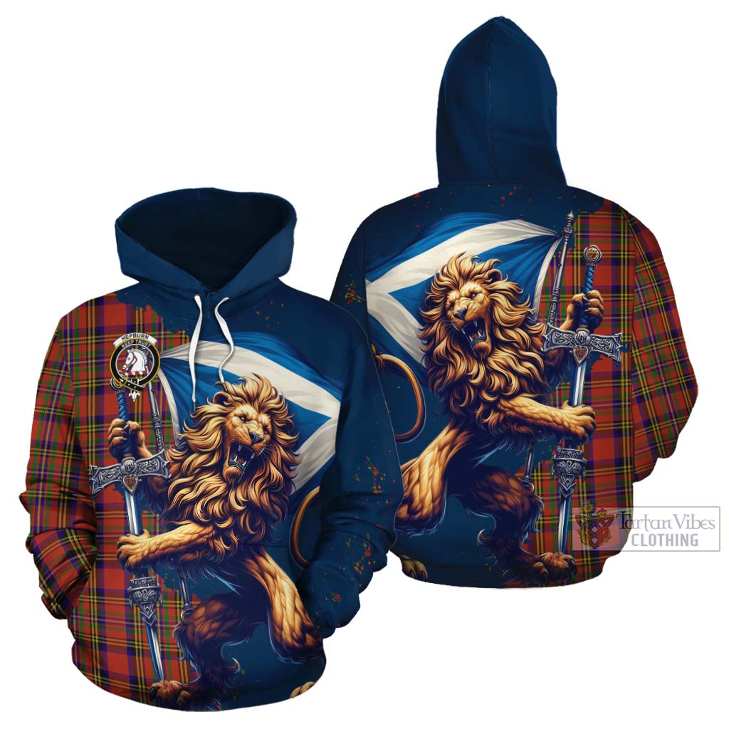 Tartan Vibes Clothing Hepburn Tartan Family Crest Cotton Hoodie with Scottish Majestic Lion