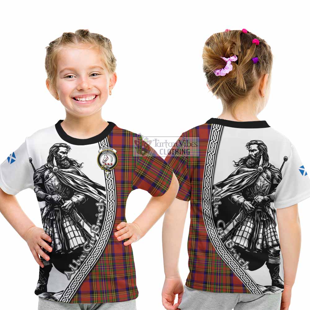 Hepburn Tartan Clan Crest Kid T-Shirt with Highlander Warrior Celtic Style