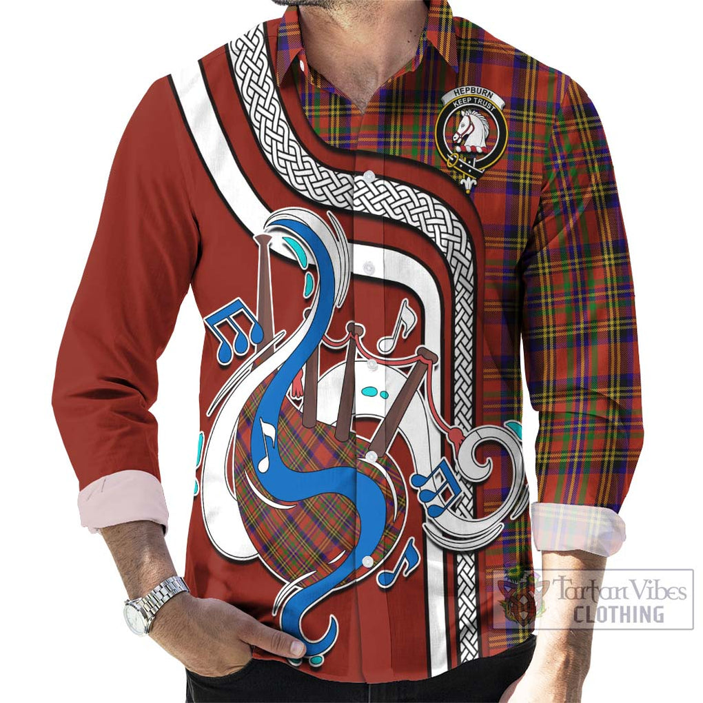 Hepburn Tartan Long Sleeve Button Shirt with Epic Bagpipe Style - Tartanvibesclothing Shop