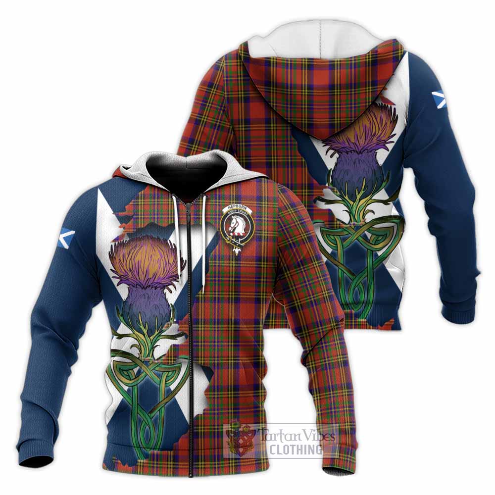 Tartan Vibes Clothing Hepburn Tartan Family Crest Knitted Hoodie Scottish Thistle Celtic Inspired