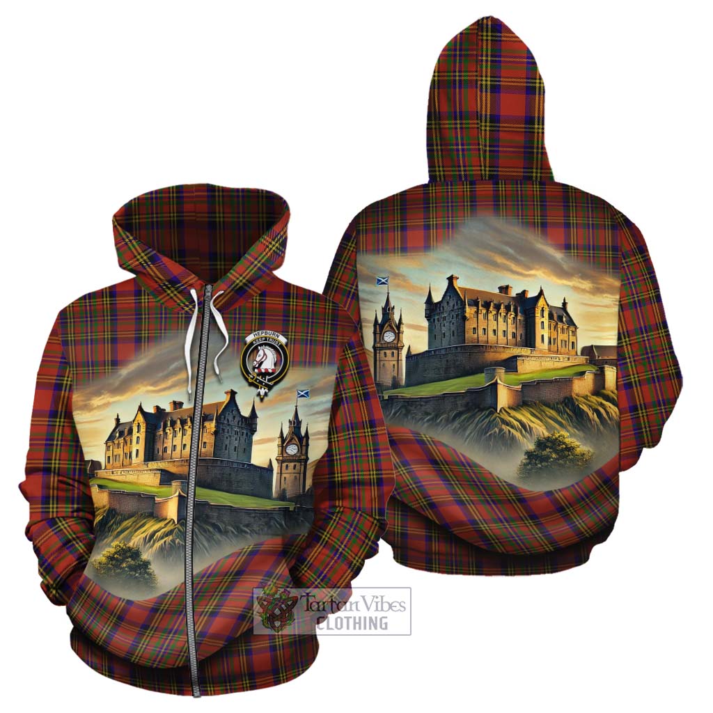 Tartan Vibes Clothing Hepburn Tartan Family Crest Cotton Hoodie with Scottish Ancient Castle Style