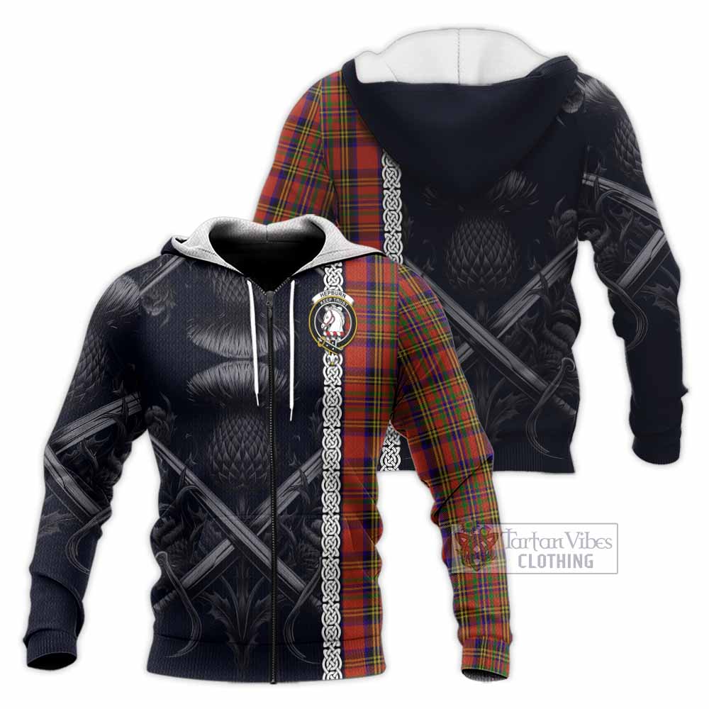 Tartan Vibes Clothing Hepburn Tartan Knitted Hoodie with Family Crest Cross Sword Thistle Celtic Vibes