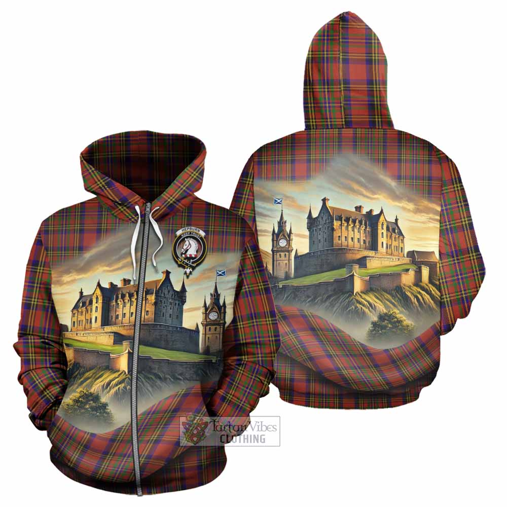 Tartan Vibes Clothing Hepburn Tartan Family Crest Hoodie with Scottish Ancient Castle Style