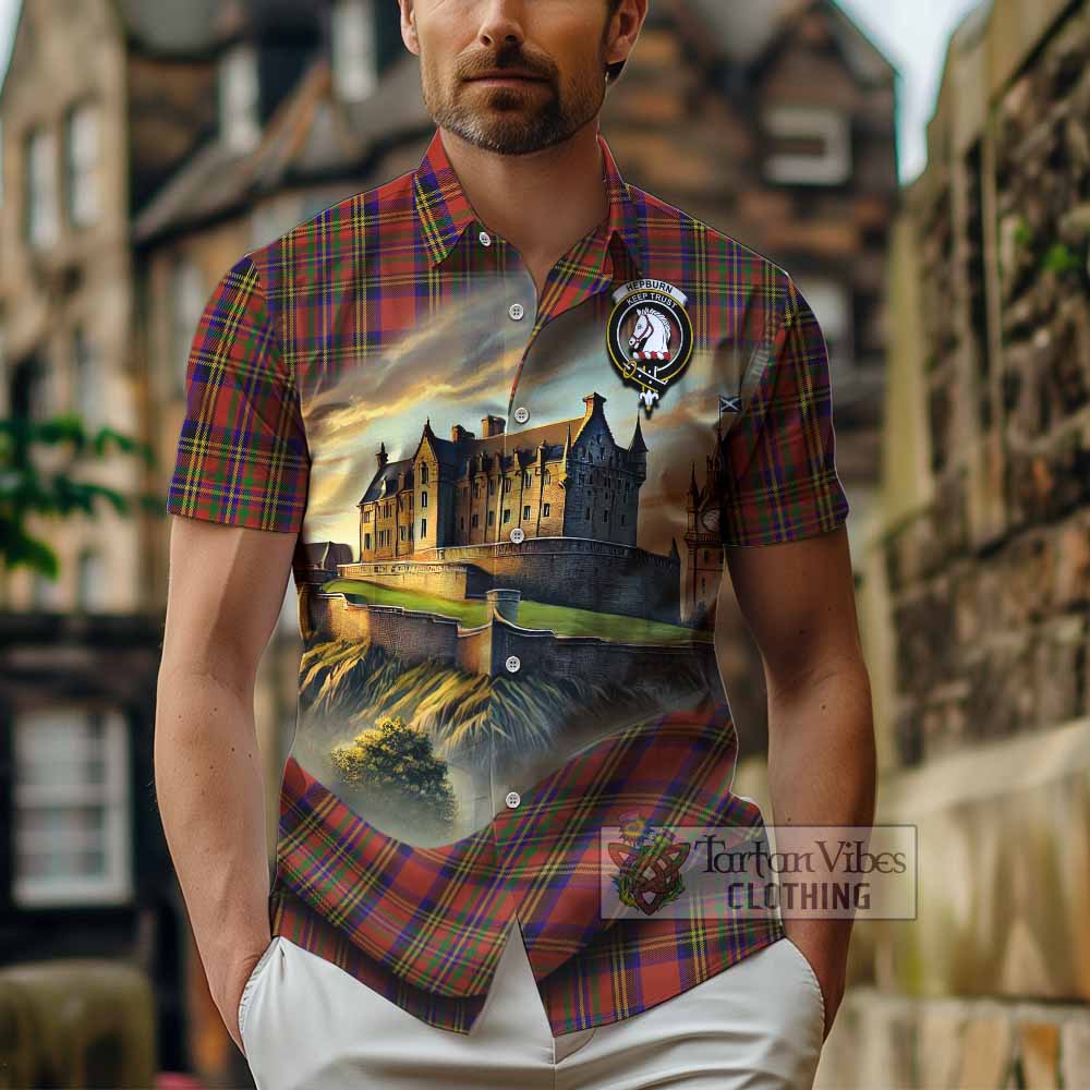 Tartan Vibes Clothing Hepburn Tartan Family Crest Short Sleeve Button Shirt with Scottish Ancient Castle Style