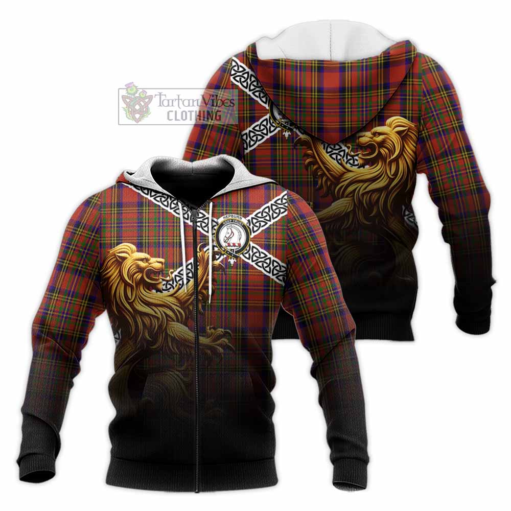 Tartan Vibes Clothing Hepburn Crest Tartan Knitted Hoodie with Golden Lion Emblem Celtic Style