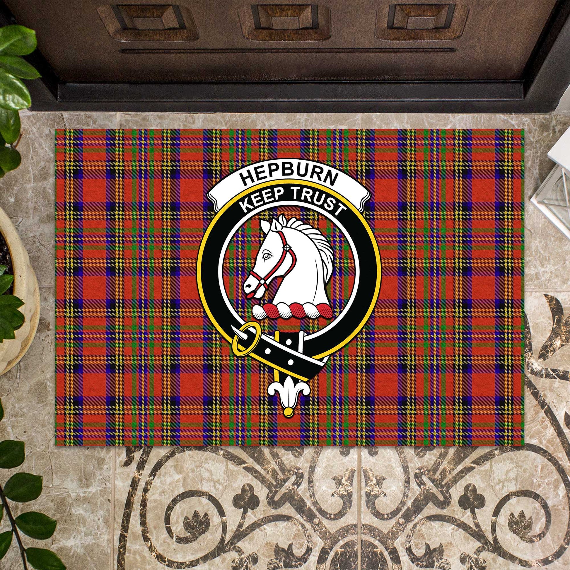 Hepburn Tartan Rubber Doormat with Family Crest - Tartan Vibes Clothing