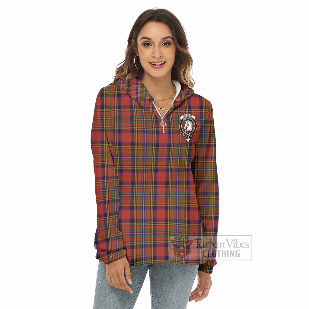 Tartan Vibes Clothing Hepburn Tartan Crest Women's Borg  Half Zip Fleece Hoodie