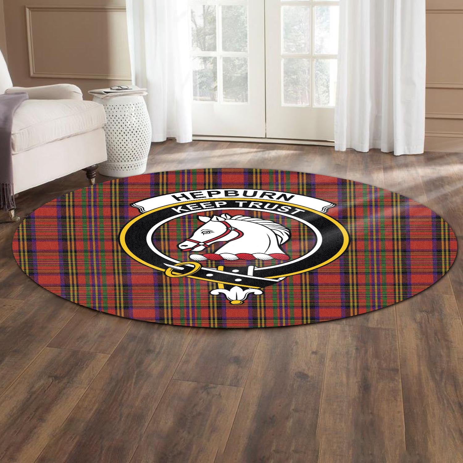 hepburn-tartan-round-rug-with-family-crest