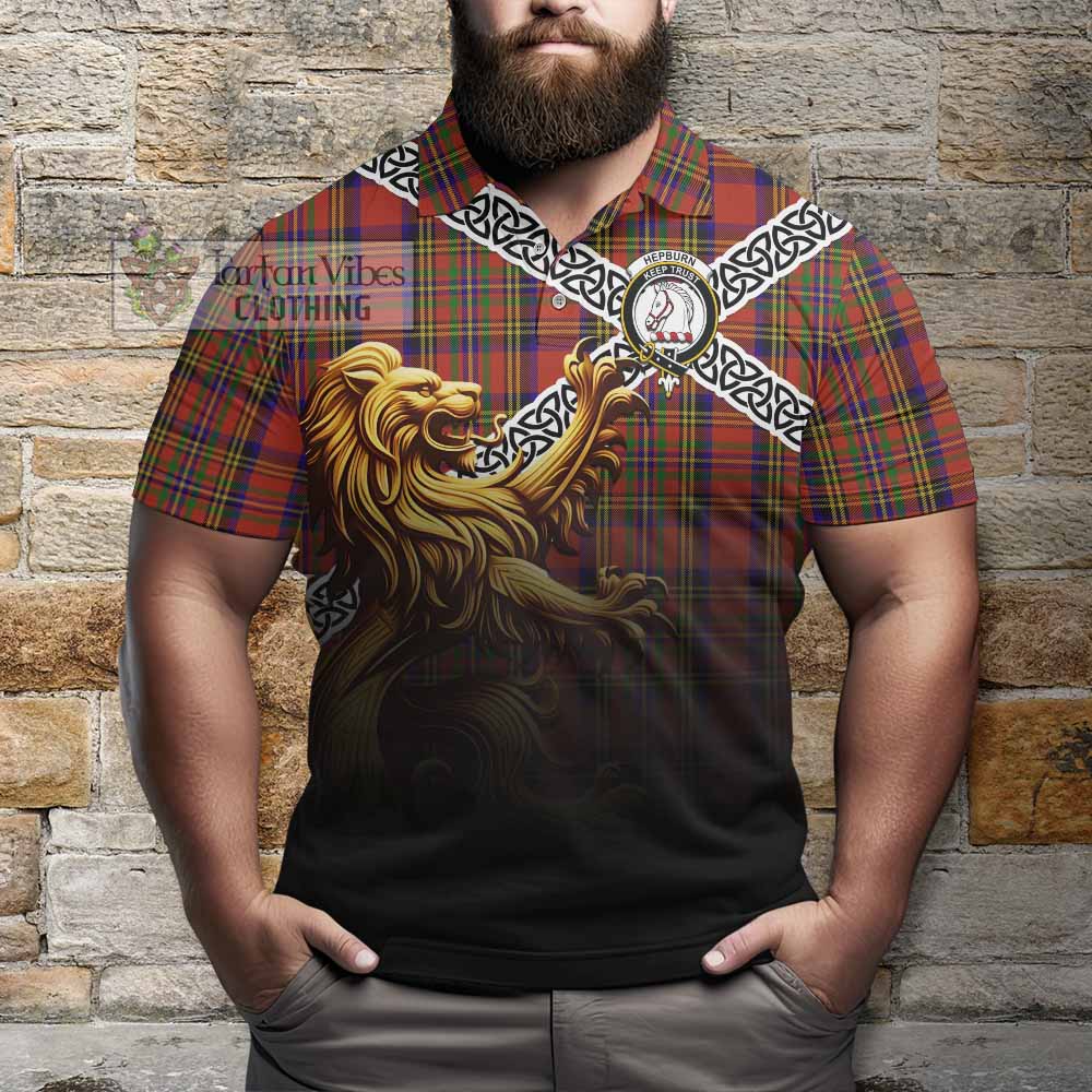 Tartan Vibes Clothing Hepburn Crest Tartan Polo Shirt with Golden Lion Emblem Celtic Style
