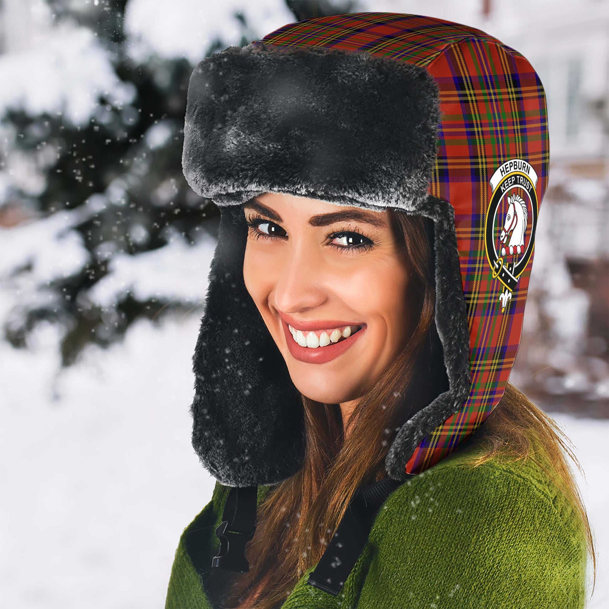 Hepburn Tartan Winter Trapper Hat with Family Crest - Tartanvibesclothing