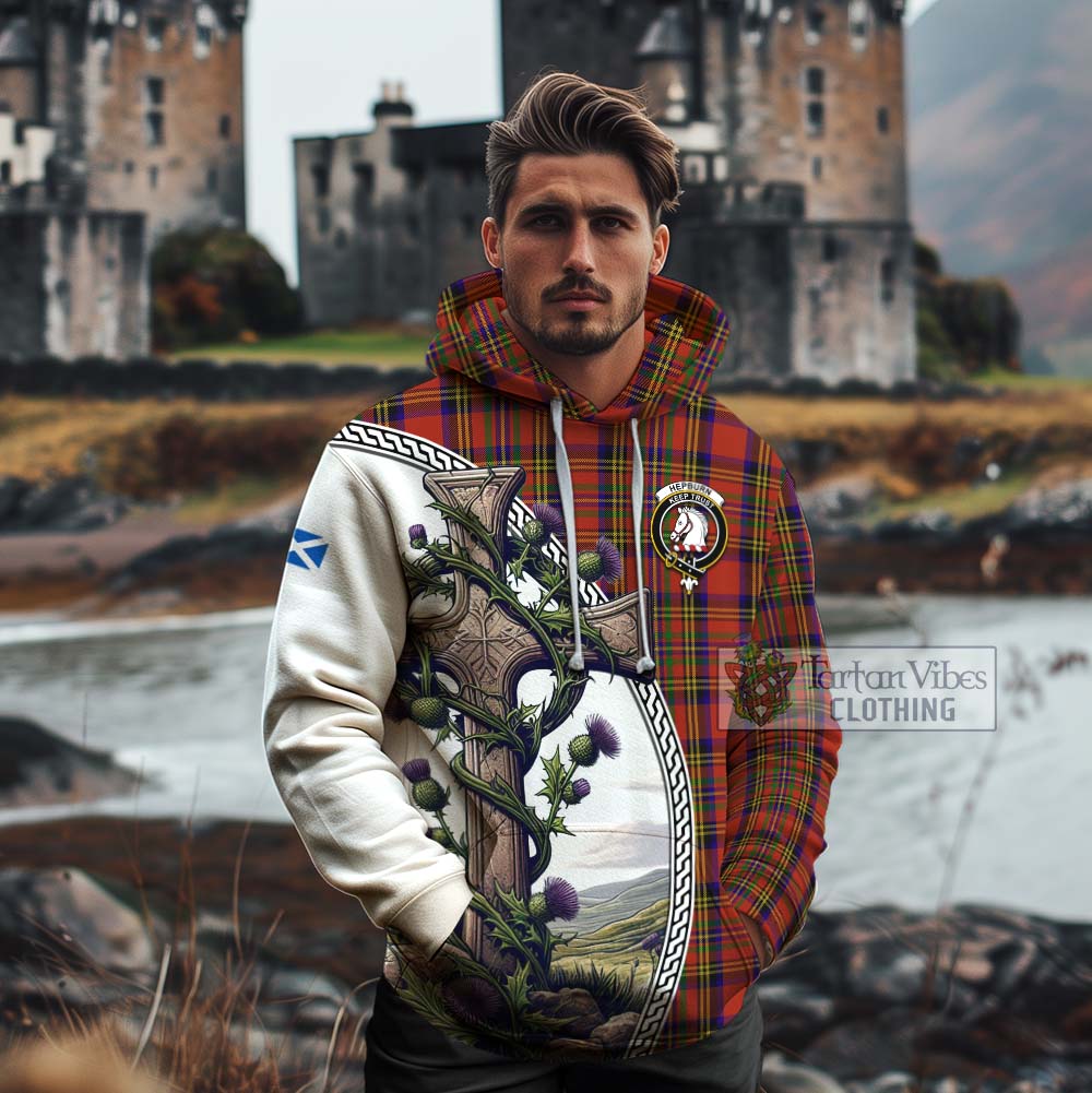 Tartan Vibes Clothing Hepburn Tartan Cotton Hoodie with Family Crest and St. Andrew's Cross Accented by Thistle Vines