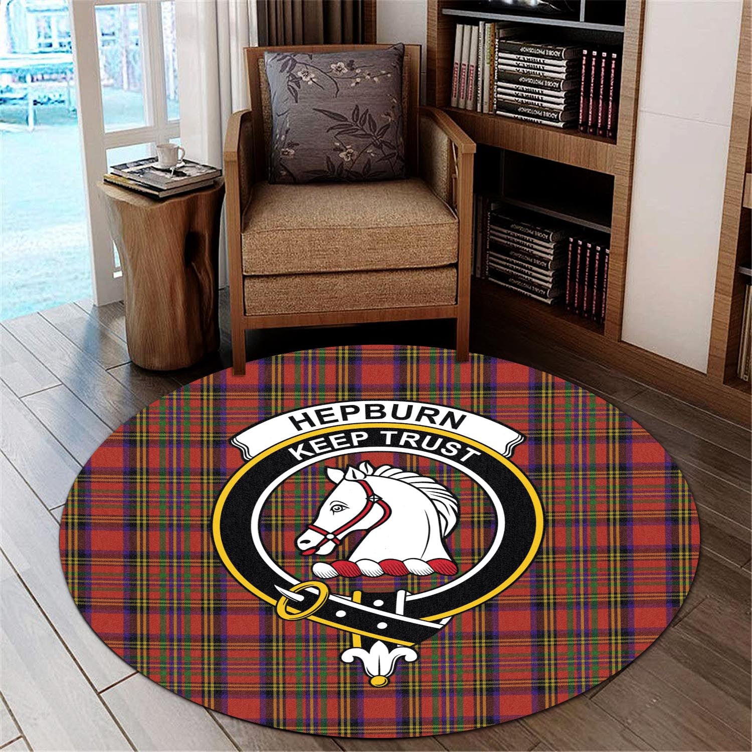hepburn-tartan-round-rug-with-family-crest
