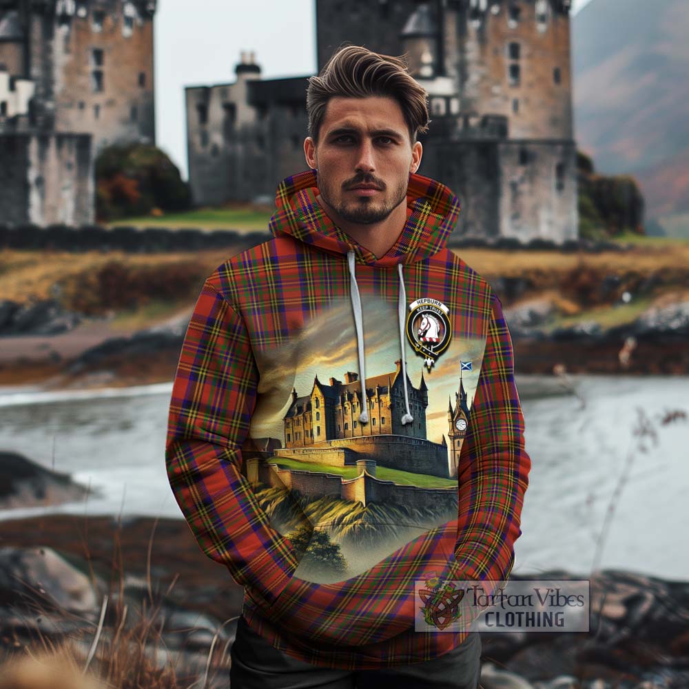Tartan Vibes Clothing Hepburn Tartan Family Crest Cotton Hoodie with Scottish Ancient Castle Style