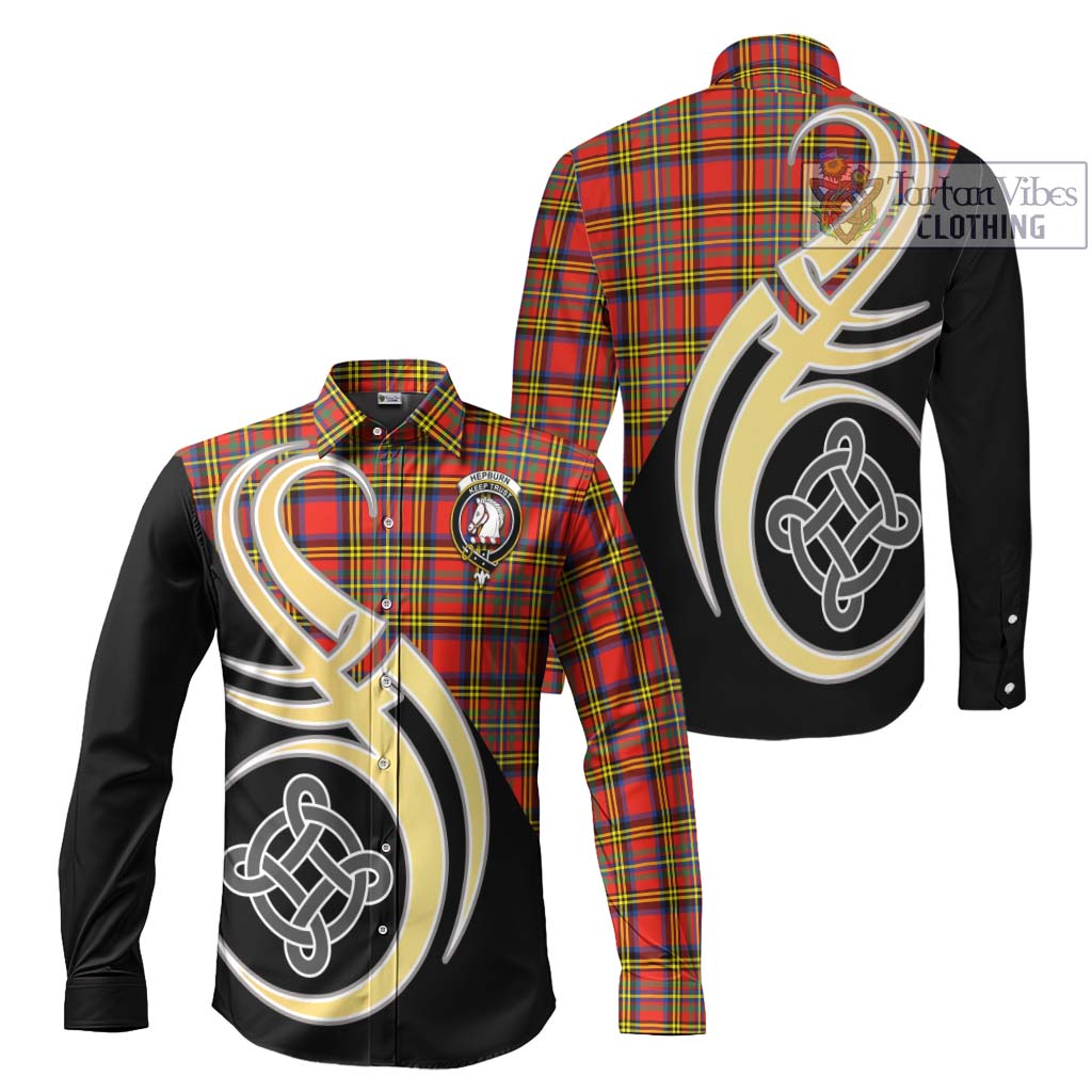 Hepburn Ancient Tartan Long Sleeve Button Shirt with Family Crest and Celtic Symbol Style Men's Shirt S - Tartan Vibes Clothing