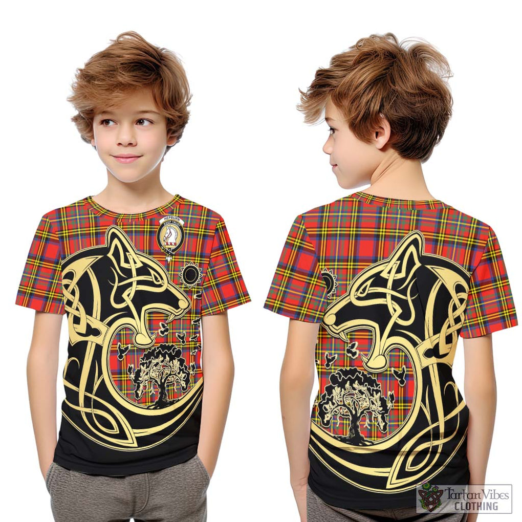 Hepburn Ancient Tartan Kid T-Shirt with Family Crest Celtic Wolf Style Youth XL Size14 - Tartan Vibes Clothing