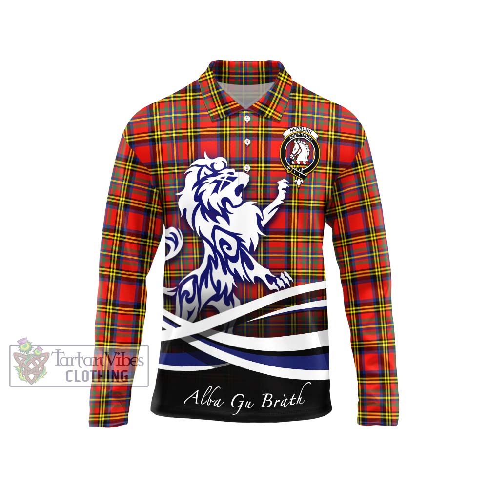 Hepburn Ancient Tartan Long Sleeve Polo Shirt with Alba Gu Brath Regal Lion Emblem Unisex - Tartanvibesclothing Shop