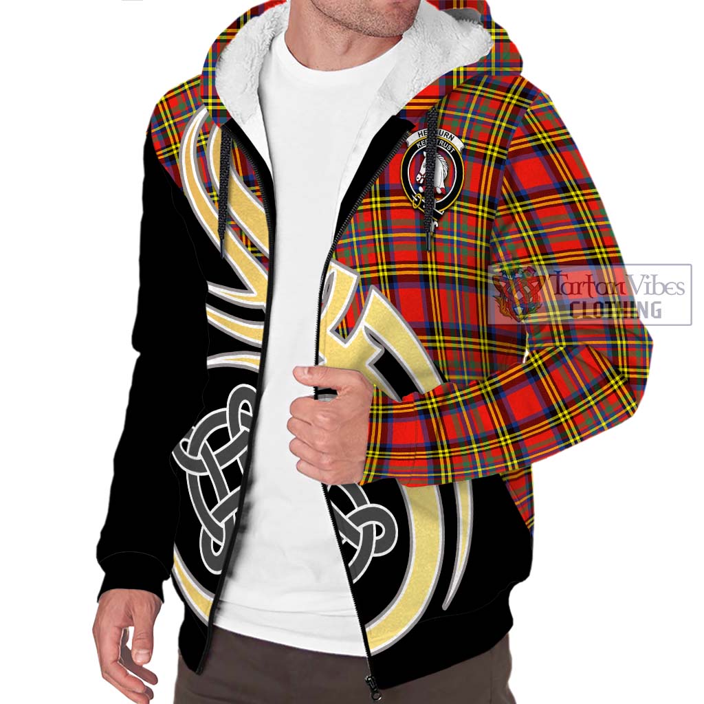 Hepburn Ancient Tartan Sherpa Hoodie with Family Crest and Celtic Symbol Style - Tartan Vibes Clothing