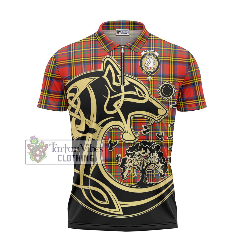 Hepburn Ancient Tartan Zipper Polo Shirt with Family Crest Celtic Wolf Style - Tartanvibesclothing Shop