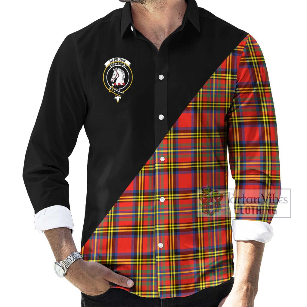 Hepburn Ancient Tartan Long Sleeve Button Shirt with Family Crest and Military Logo Style - Tartanvibesclothing Shop