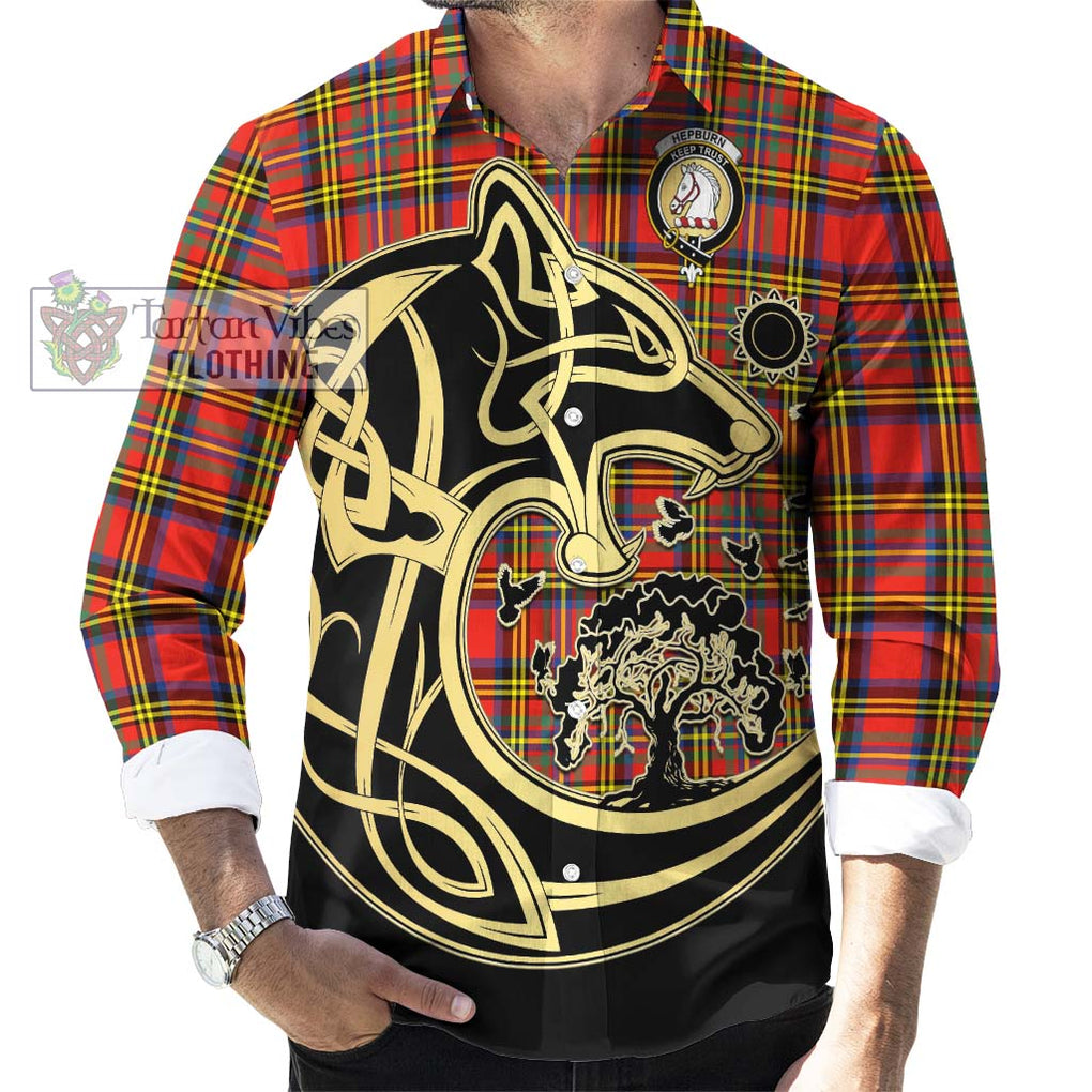 Hepburn Ancient Tartan Long Sleeve Button Shirt with Family Crest Celtic Wolf Style - Tartan Vibes Clothing