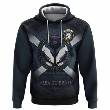 Hepburn Clan Crest Hoodie with Celtic Knot Thistle and Saltire