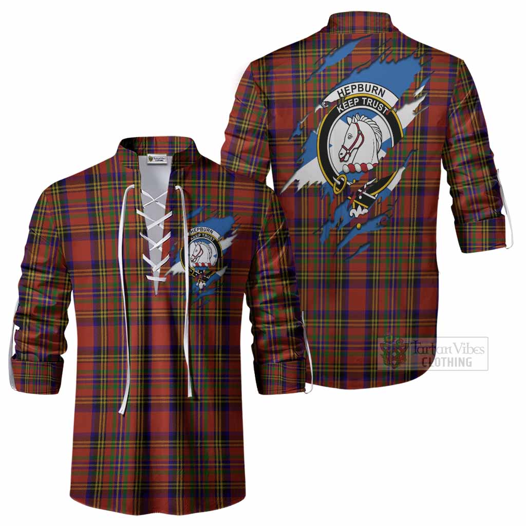 Hepburn Clan Crest In Me Tartan Ghillie Shirt Scotland Flag Style