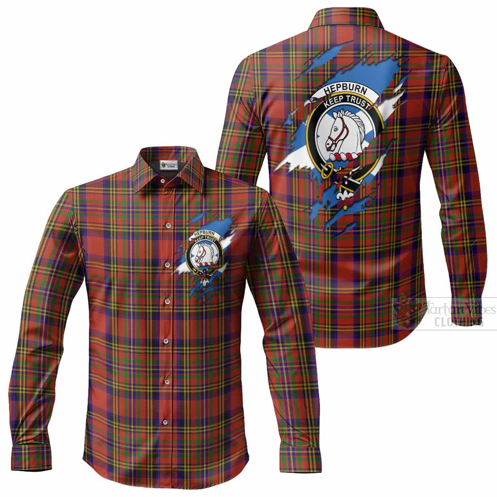 Hepburn Clan Crest In Me Tartan Long Sleeve Button Shirts Scotland Flag Style