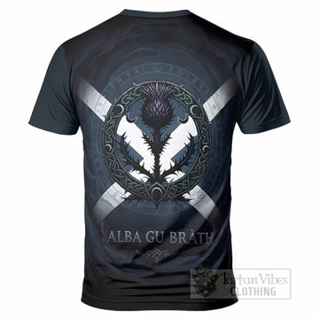 Hepburn Clan Crest T-Shirt with Celtic Knot Thistle and Saltire