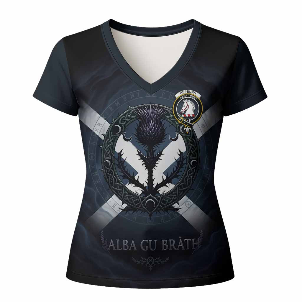 Hepburn Clan Crest Women T shirt with Celtic Knot Thistle and Saltire