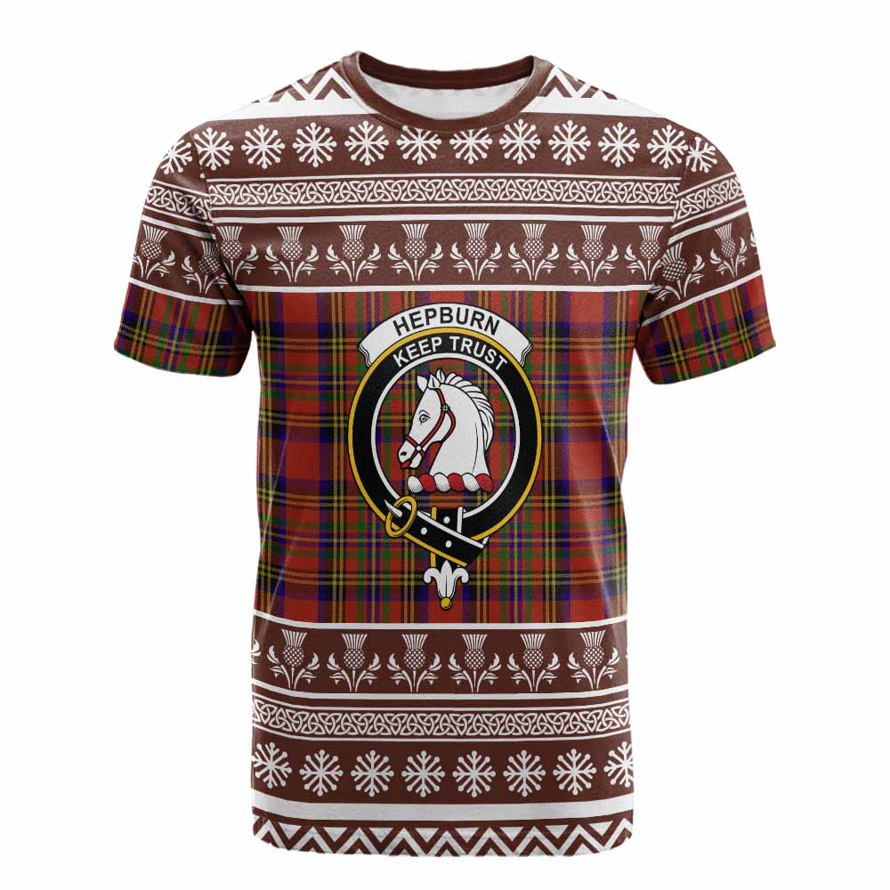 Hepburn Clan Tartan Christmas Cotton T-shirt with Family Crest - Tartan Vibes Clothing