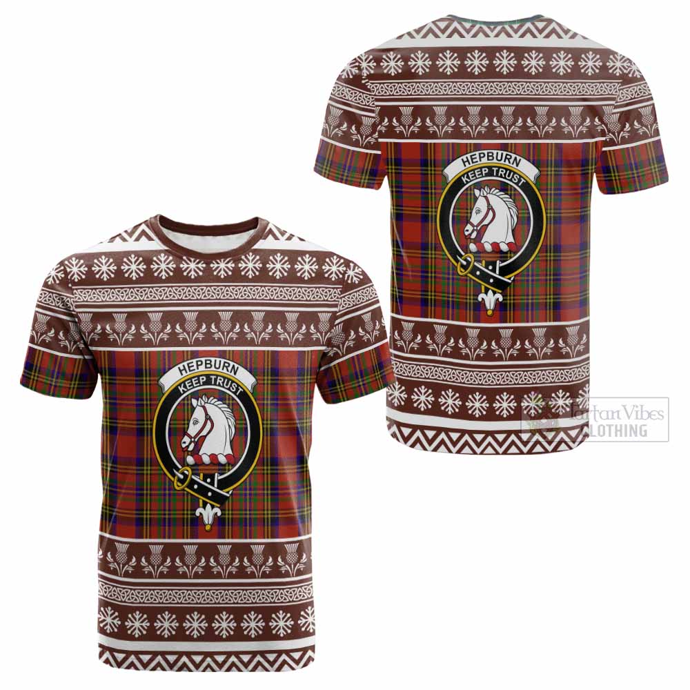 Hepburn Clan Tartan Christmas Cotton T-shirt with Family Crest - Tartan Vibes Clothing