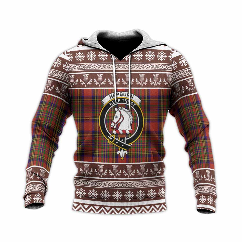 Hepburn Clan Tartan Christmas Knitted Hoodie with Family Crest - Tartan Vibes Clothing