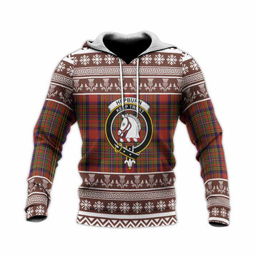 Hepburn Clan Tartan Christmas Knitted Hoodie with Family Crest