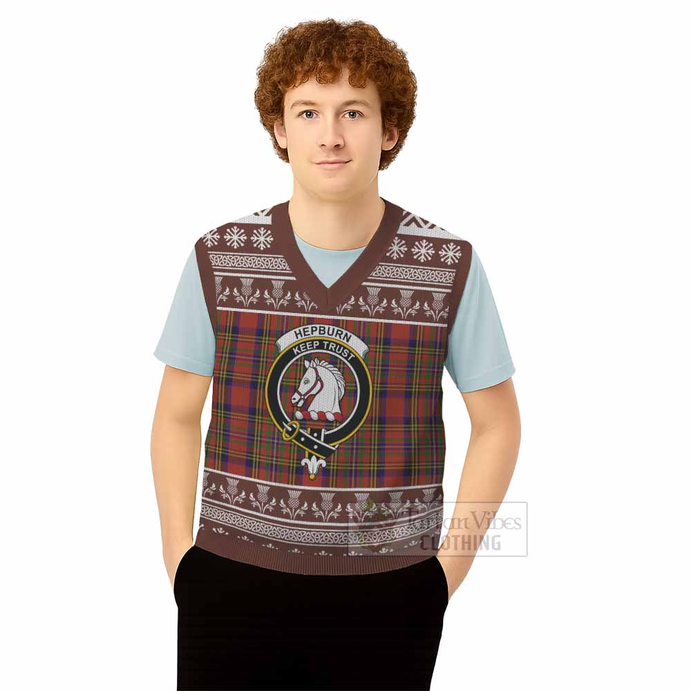 Hepburn Clan Tartan Christmas Knitted V-Neck Vest with Family Crest - Tartan Vibes Clothing